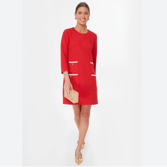 Tuckernuck Francoise Mod Mini Dress Crew Neck 3/4 Sleeve Gold Button Shift, Red - Picture 12 of 12